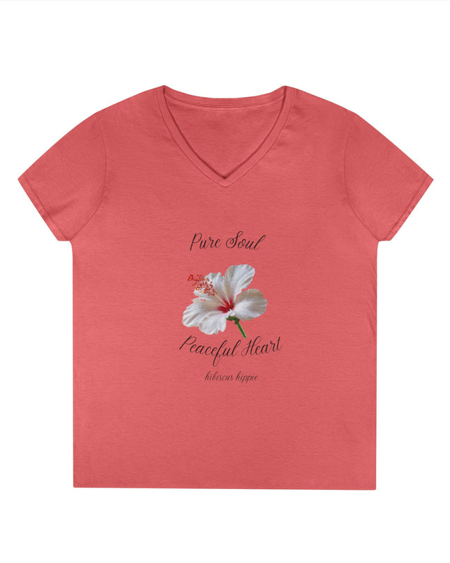 Ladies' V-Neck T-Shirt — "Pure Soul, Peaceful Heart" White Floral Graphic