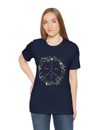 Hibiscus Hippie Boho Designed Floral Peace Sign T-Shirt — 'Peace & Love' in Multicolor Choice Tees