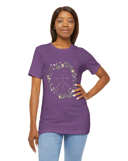 Hibiscus Hippie Boho Designed Floral Peace Sign T-Shirt — 'Peace & Love' in Multicolor Choice Tees
