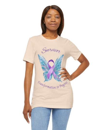 Domestic Violence Awareness Shirt | Survivor Teal and Purple Ribbon Butterfly Tee | Abuse Survivor Gift, Transformation in Progress Graphic T-Shirt, Empowering Healing Support Clothing