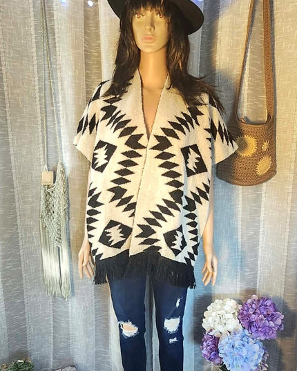 Mudd Women's Southwestern Tribal Open Front Fringe Cardigan Sweater – Black & Cream