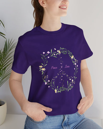 Hibiscus Hippie Boho Designed Floral Peace Sign T-Shirt — 'Peace & Love' in Multicolor Choice Tees