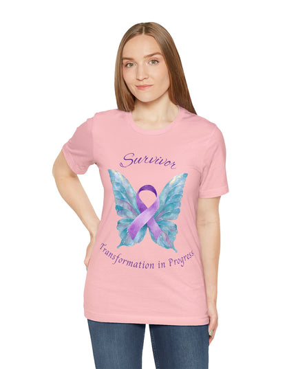 Domestic Violence Awareness Shirt | Survivor Teal and Purple Ribbon Butterfly Tee | Abuse Survivor Gift, Transformation in Progress Graphic T-Shirt, Empowering Healing Support Clothing