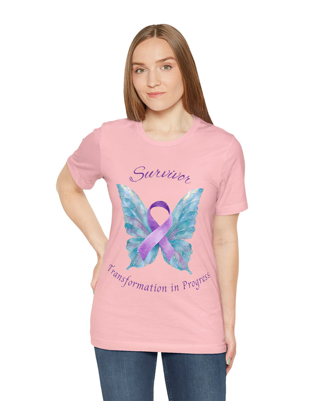 Domestic Violence Awareness Shirt | Survivor Teal and Purple Ribbon Butterfly Tee | Abuse Survivor Gift, Transformation in Progress Graphic T-Shirt, Empowering Healing Support Clothing