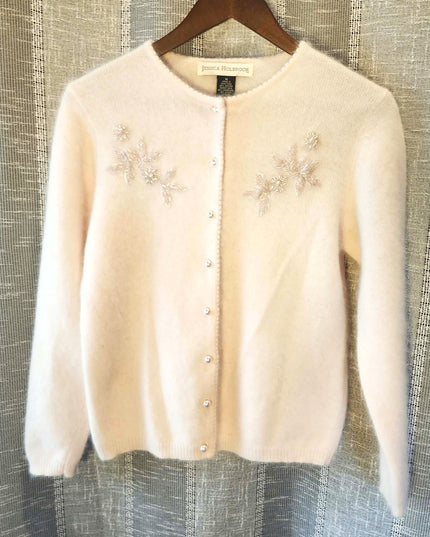 Vintage Jessica Holbrook Pastel Pink Fuzzy Angora Lambswool Pearl Button Cardigan - EUC - Size M