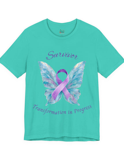 Domestic Violence Awareness Shirt | Survivor Teal and Purple Ribbon Butterfly Tee | Abuse Survivor Gift, Transformation in Progress Graphic T-Shirt, Empowering Healing Support Clothing