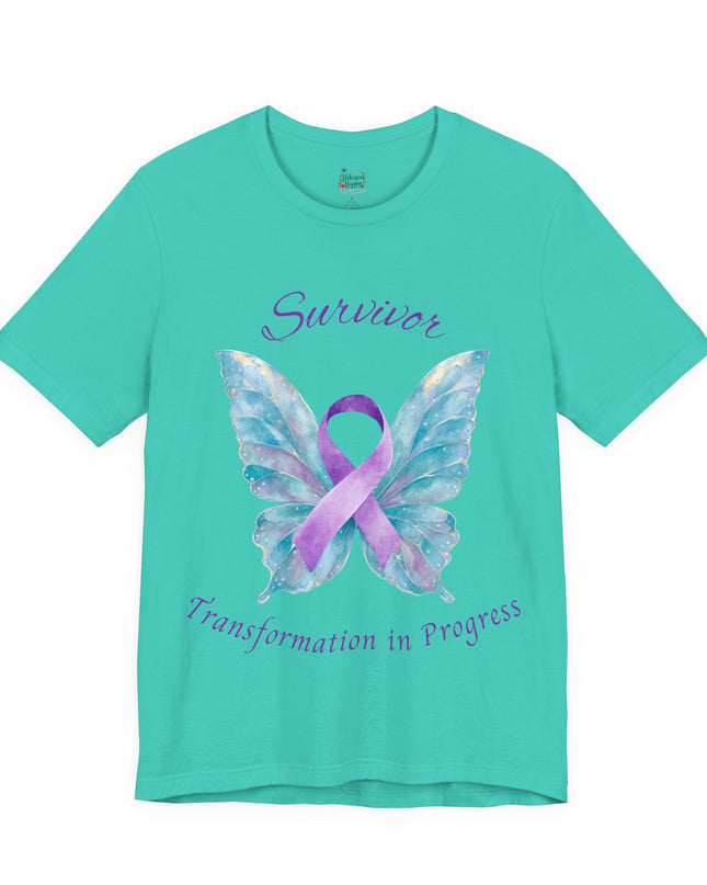 Domestic Violence Awareness Shirt | Survivor Teal and Purple Ribbon Butterfly Tee | Abuse Survivor Gift, Transformation in Progress Graphic T-Shirt, Empowering Healing Support Clothing