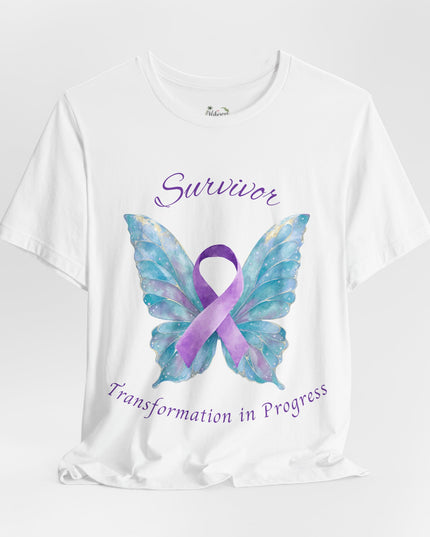 Domestic Violence Awareness Shirt | Survivor Teal and Purple Ribbon Butterfly Tee | Abuse Survivor Gift, Transformation in Progress Graphic T-Shirt, Empowering Healing Support Clothing