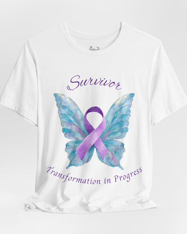 Domestic Violence Awareness Shirt | Survivor Teal and Purple Ribbon Butterfly Tee | Abuse Survivor Gift, Transformation in Progress Graphic T-Shirt, Empowering Healing Support Clothing