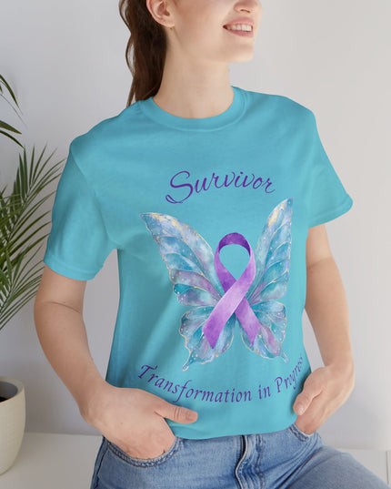 Domestic Violence Awareness Shirt | Survivor Teal and Purple Ribbon Butterfly Tee | Abuse Survivor Gift, Transformation in Progress Graphic T-Shirt, Empowering Healing Support Clothing