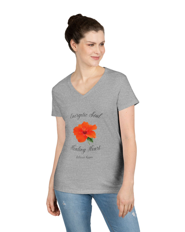 Ladies' V-Neck T-Shirt — "Energetic Soul, Healing Heart" Orange Floral Graphic