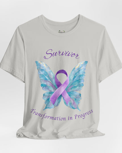 Domestic Violence Awareness Shirt | Survivor Teal and Purple Ribbon Butterfly Tee | Abuse Survivor Gift, Transformation in Progress Graphic T-Shirt, Empowering Healing Support Clothing