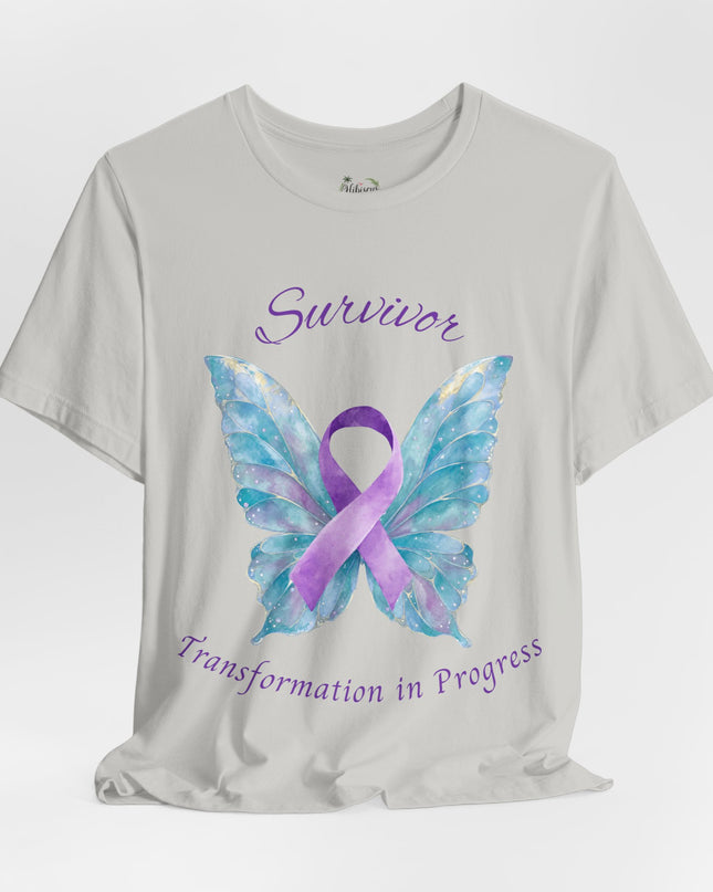 Domestic Violence Awareness Shirt | Survivor Teal and Purple Ribbon Butterfly Tee | Abuse Survivor Gift, Transformation in Progress Graphic T-Shirt, Empowering Healing Support Clothing