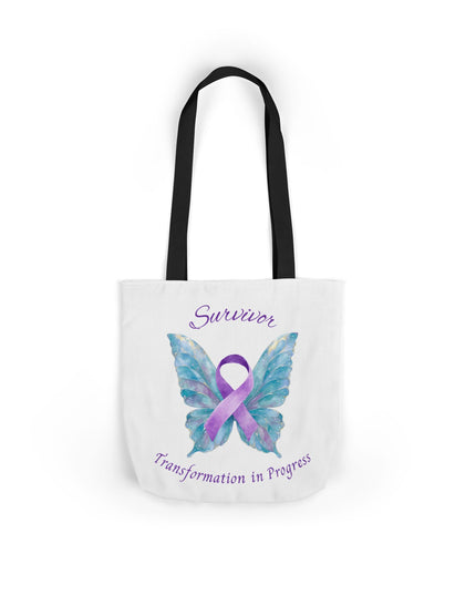 Domestic Violence Survivor Tote Bag | Teal and Purple Ribbon Butterfly Canvas Shopping Bag | Abuse Survivor Gift, Transformation in Progress Everyday Carrying Bag, Empowering Healing Reusable Grocery Bag