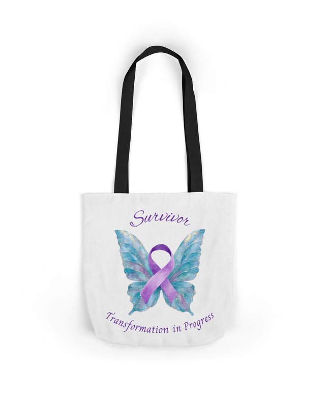 Domestic Violence Survivor Tote Bag | Teal and Purple Ribbon Butterfly Canvas Shopping Bag | Abuse Survivor Gift, Transformation in Progress Everyday Carrying Bag, Empowering Healing Reusable Grocery Bag