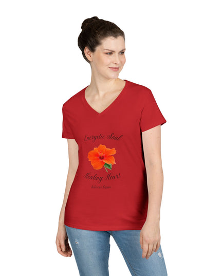 Ladies' V-Neck T-Shirt — "Energetic Soul, Healing Heart" Orange Floral Graphic