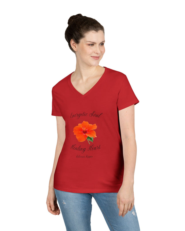 Ladies' V-Neck T-Shirt — "Energetic Soul, Healing Heart" Orange Floral Graphic