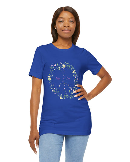 Hibiscus Hippie Boho Designed Floral Peace Sign T-Shirt — 'Peace & Love' in Multicolor Choice Tees