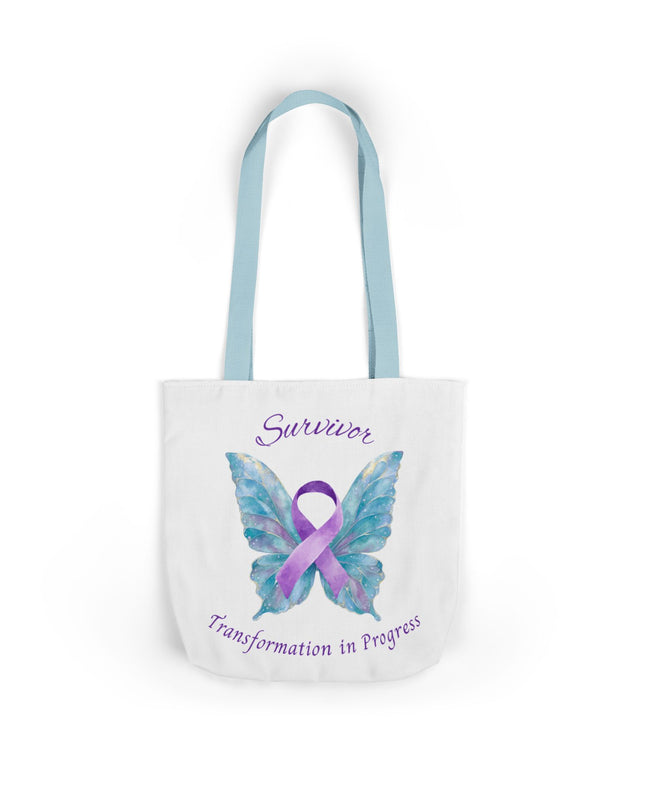 Domestic Violence Survivor Tote Bag | Teal and Purple Ribbon Butterfly Canvas Shopping Bag | Abuse Survivor Gift, Transformation in Progress Everyday Carrying Bag, Empowering Healing Reusable Grocery Bag