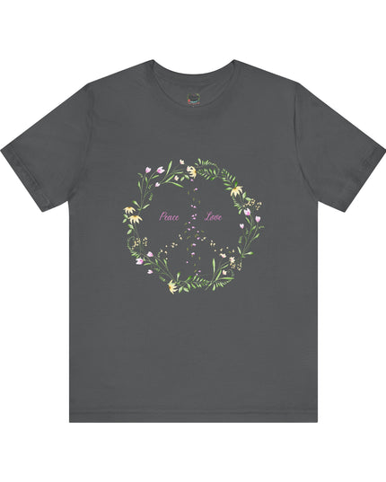 Hibiscus Hippie Boho Designed Floral Peace Sign T-Shirt — 'Peace & Love' in Multicolor Choice Tees