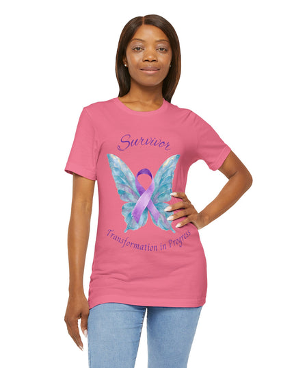 Domestic Violence Awareness Shirt | Survivor Teal and Purple Ribbon Butterfly Tee | Abuse Survivor Gift, Transformation in Progress Graphic T-Shirt, Empowering Healing Support Clothing
