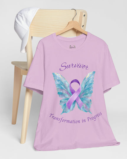 Domestic Violence Awareness Shirt | Survivor Teal and Purple Ribbon Butterfly Tee | Abuse Survivor Gift, Transformation in Progress Graphic T-Shirt, Empowering Healing Support Clothing