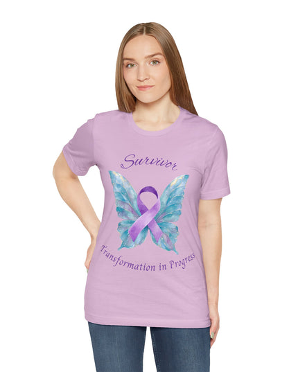 Domestic Violence Awareness Shirt | Survivor Teal and Purple Ribbon Butterfly Tee | Abuse Survivor Gift, Transformation in Progress Graphic T-Shirt, Empowering Healing Support Clothing