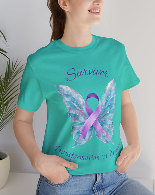 Domestic Violence Awareness Shirt | Survivor Teal and Purple Ribbon Butterfly Tee | Abuse Survivor Gift, Transformation in Progress Graphic T-Shirt, Empowering Healing Support Clothing