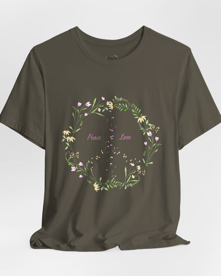 Hibiscus Hippie Boho Designed Floral Peace Sign T-Shirt — 'Peace & Love' in Multicolor Choice Tees