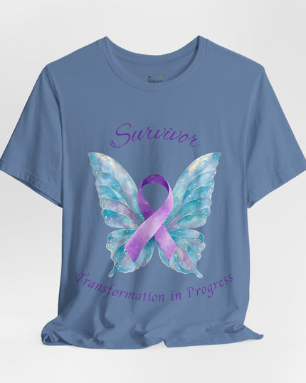 Domestic Violence Awareness Shirt | Survivor Teal and Purple Ribbon Butterfly Tee | Abuse Survivor Gift, Transformation in Progress Graphic T-Shirt, Empowering Healing Support Clothing