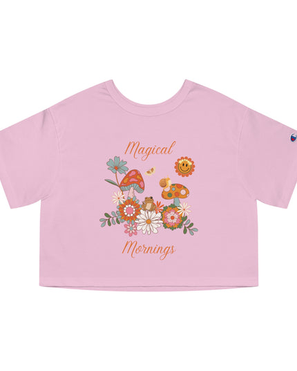 Hibiscus Hippie Designed Magical Mornings Mushrooms and Flowers Peace Cropped T-Shirt | whimsical botanical design