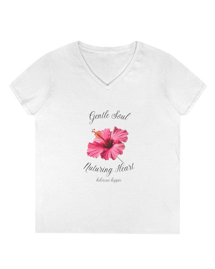 Ladies' V-Neck T-Shirt — "Gentle Soul, Nurturing Heart" Pink Floral Graphic