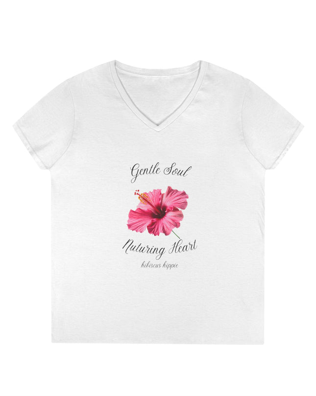 Ladies' V-Neck T-Shirt — "Gentle Soul, Nurturing Heart" Pink Floral Graphic