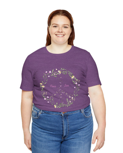 Hibiscus Hippie Boho Designed Floral Peace Sign T-Shirt — 'Peace & Love' in Multicolor Choice Tees