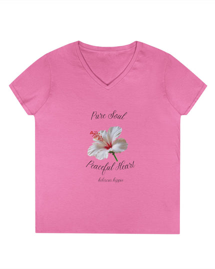 Ladies' V-Neck T-Shirt — "Pure Soul, Peaceful Heart" White Floral Graphic