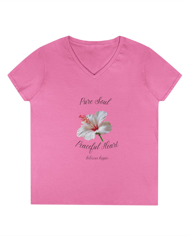 Ladies' V-Neck T-Shirt — "Pure Soul, Peaceful Heart" White Floral Graphic