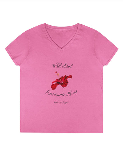 Ladies' V-Neck T-Shirt — "Wild Soul, Passionate Heart" Red Floral Graphic