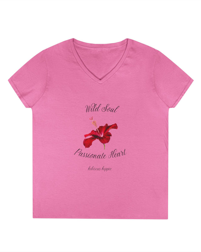 Ladies' V-Neck T-Shirt — "Wild Soul, Passionate Heart" Red Floral Graphic