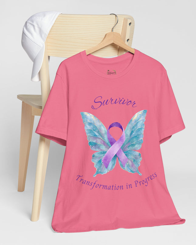 Domestic Violence Awareness Shirt | Survivor Teal and Purple Ribbon Butterfly Tee | Abuse Survivor Gift, Transformation in Progress Graphic T-Shirt, Empowering Healing Support Clothing