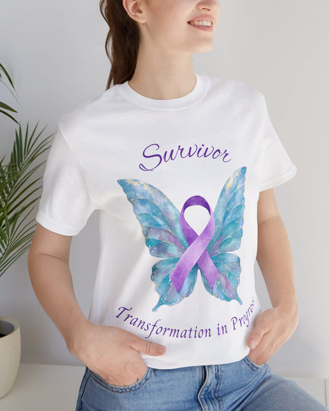 Domestic Violence Awareness Shirt | Survivor Teal and Purple Ribbon Butterfly Tee | Abuse Survivor Gift, Transformation in Progress Graphic T-Shirt, Empowering Healing Support Clothing