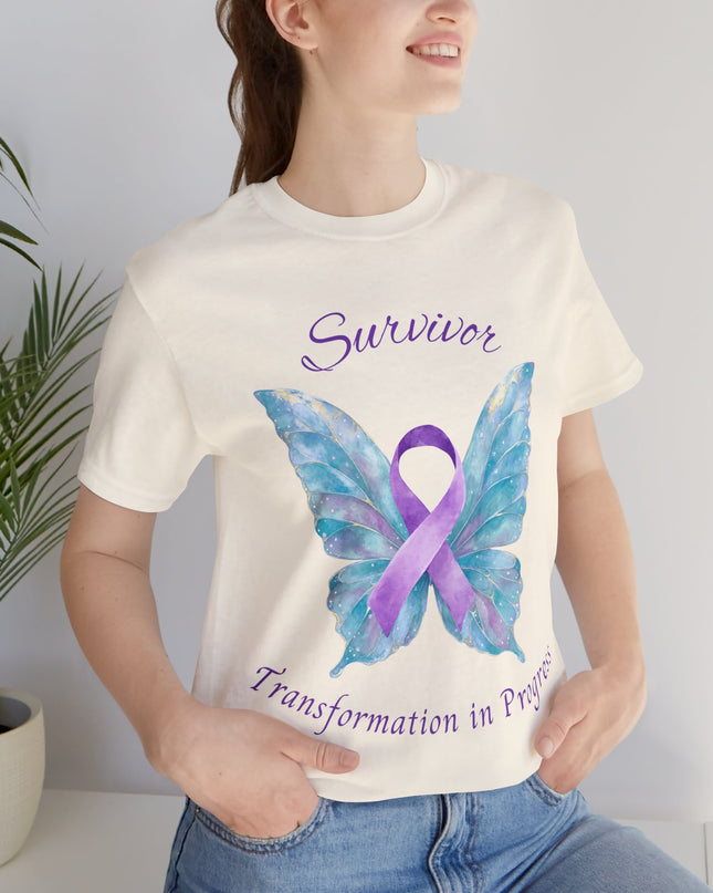Domestic Violence Awareness Shirt | Survivor Teal and Purple Ribbon Butterfly Tee | Abuse Survivor Gift, Transformation in Progress Graphic T-Shirt, Empowering Healing Support Clothing