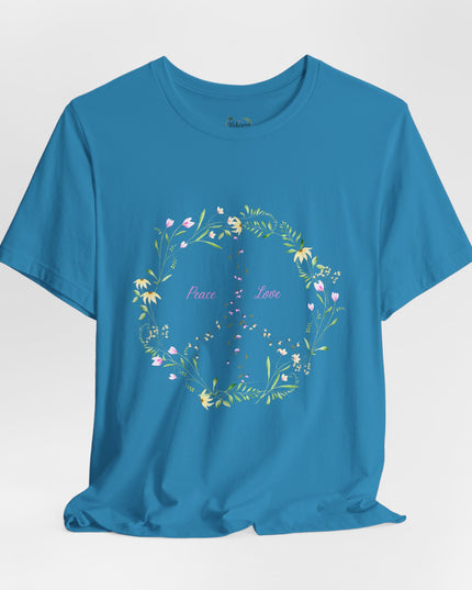 Hibiscus Hippie Boho Designed Floral Peace Sign T-Shirt — 'Peace & Love' in Multicolor Choice Tees