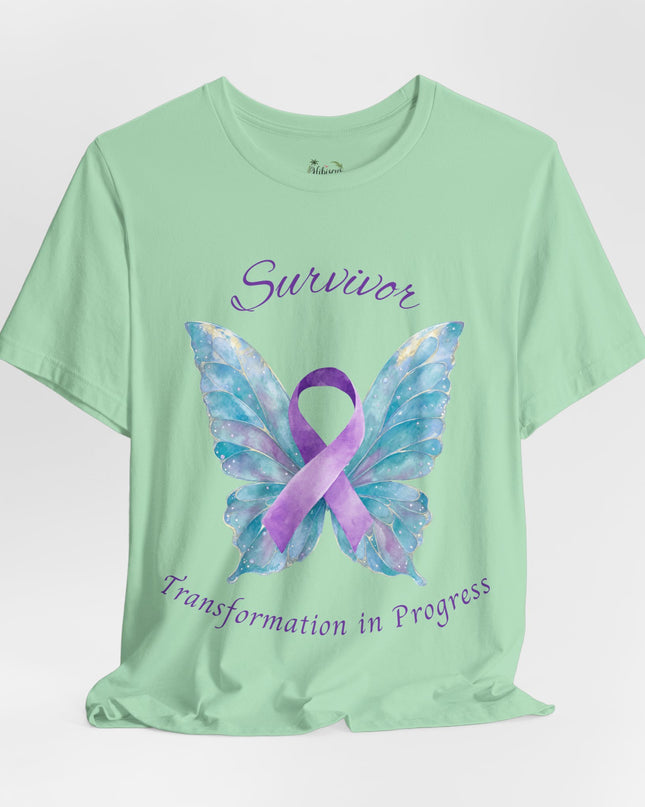 Domestic Violence Awareness Shirt | Survivor Teal and Purple Ribbon Butterfly Tee | Abuse Survivor Gift, Transformation in Progress Graphic T-Shirt, Empowering Healing Support Clothing