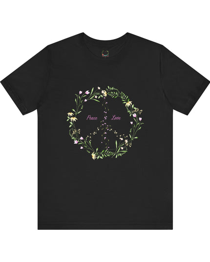 Hibiscus Hippie Boho Designed Floral Peace Sign T-Shirt — 'Peace & Love' in Multicolor Choice Tees