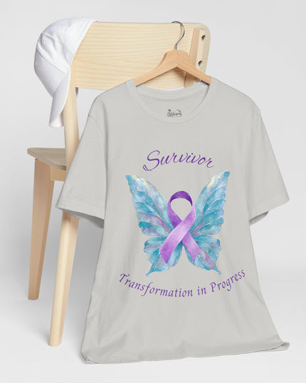 Domestic Violence Awareness Shirt | Survivor Teal and Purple Ribbon Butterfly Tee | Abuse Survivor Gift, Transformation in Progress Graphic T-Shirt, Empowering Healing Support Clothing