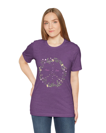 Hibiscus Hippie Boho Designed Floral Peace Sign T-Shirt — 'Peace & Love' in Multicolor Choice Tees