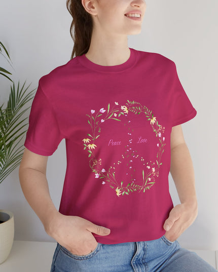 Hibiscus Hippie Boho Designed Floral Peace Sign T-Shirt — 'Peace & Love' in Multicolor Choice Tees