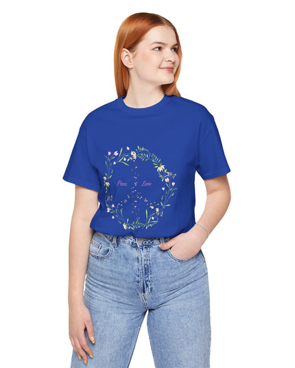 Hibiscus Hippie Boho Designed Floral Peace Sign T-Shirt — 'Peace & Love' in Multicolor Choice Tees