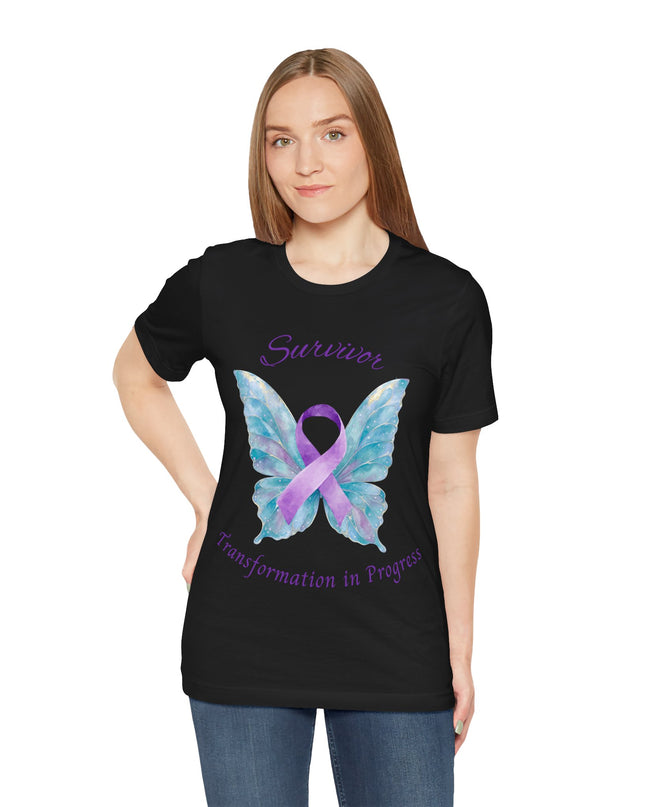 Domestic Violence Awareness Shirt | Survivor Teal and Purple Ribbon Butterfly Tee | Abuse Survivor Gift, Transformation in Progress Graphic T-Shirt, Empowering Healing Support Clothing