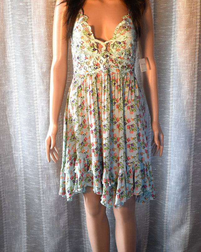 New Free People Intimately Sky Blue Floral Mini Slip Adella Sundress with Adjustable Spaghetti Straps